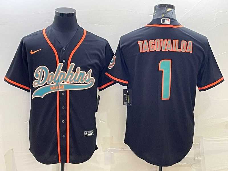 Men%27s Miami Dolphins #1 Tua Tagovailoa Black With Patch Cool Base Stitched Baseball Jersey->miami dolphins->NFL Jersey